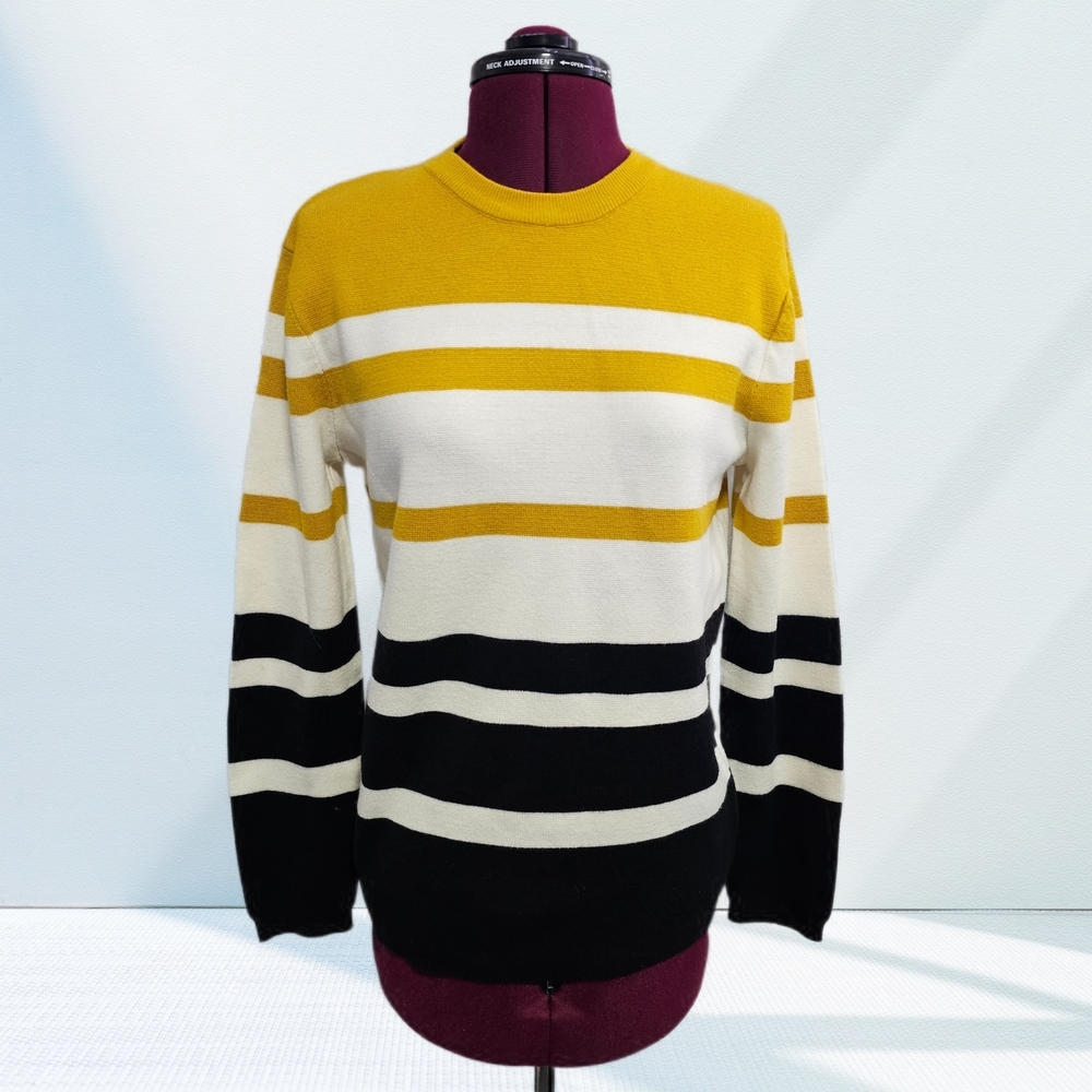 H&M Mens Jumper White Mustard Black Striped Knit Long Sleeve Crewneck